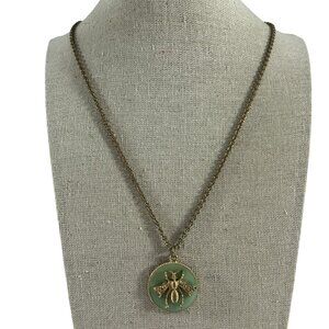 Queen Honey Bee Gold Tone Chain Button Pendant Necklace Green Enamel